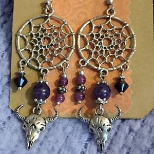 Dream catcher Aries ram purple amethyst gem crystal earrings jewelry gift ooak